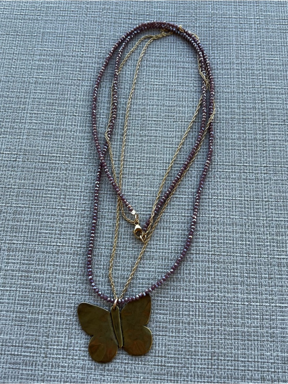 Taylor And Tessier 32” Gold Plated Butterfly Necklace With Lavender Seed Beads